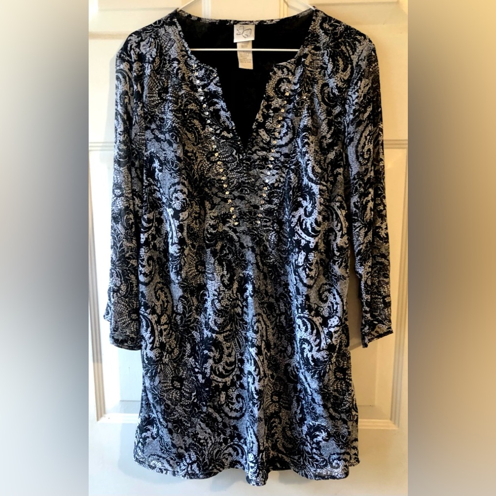 Fashion Bug Black Gray Damask Print Sequin Bead Detail Boho Tunic Blouse 18 20